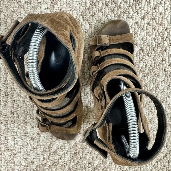 Saint Laurent Brown Suede Strappy Block Heels/Shoes 6.5